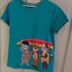 Mini Boden Teal T-Shirt with Cat Trio Graphic